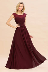 Chic Bateau A-Line Chiffon Party Dress Floor Length Ruffles Prom Dress