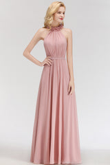 Long A-line Halter Sleeveless Ruffled Chiffon Bridesmaid Dresses