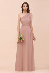 Classy One Shoulder Appliques Lace Floor Length A-Line Chiffon Bridesmaid Dress