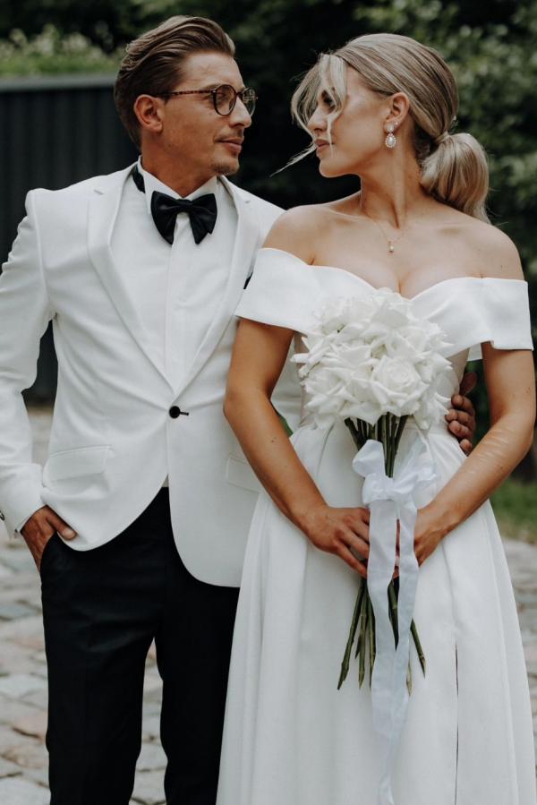 Simple Long Off The Shoulder V-Neck Satin A-Line Wedding Dress with Slit
