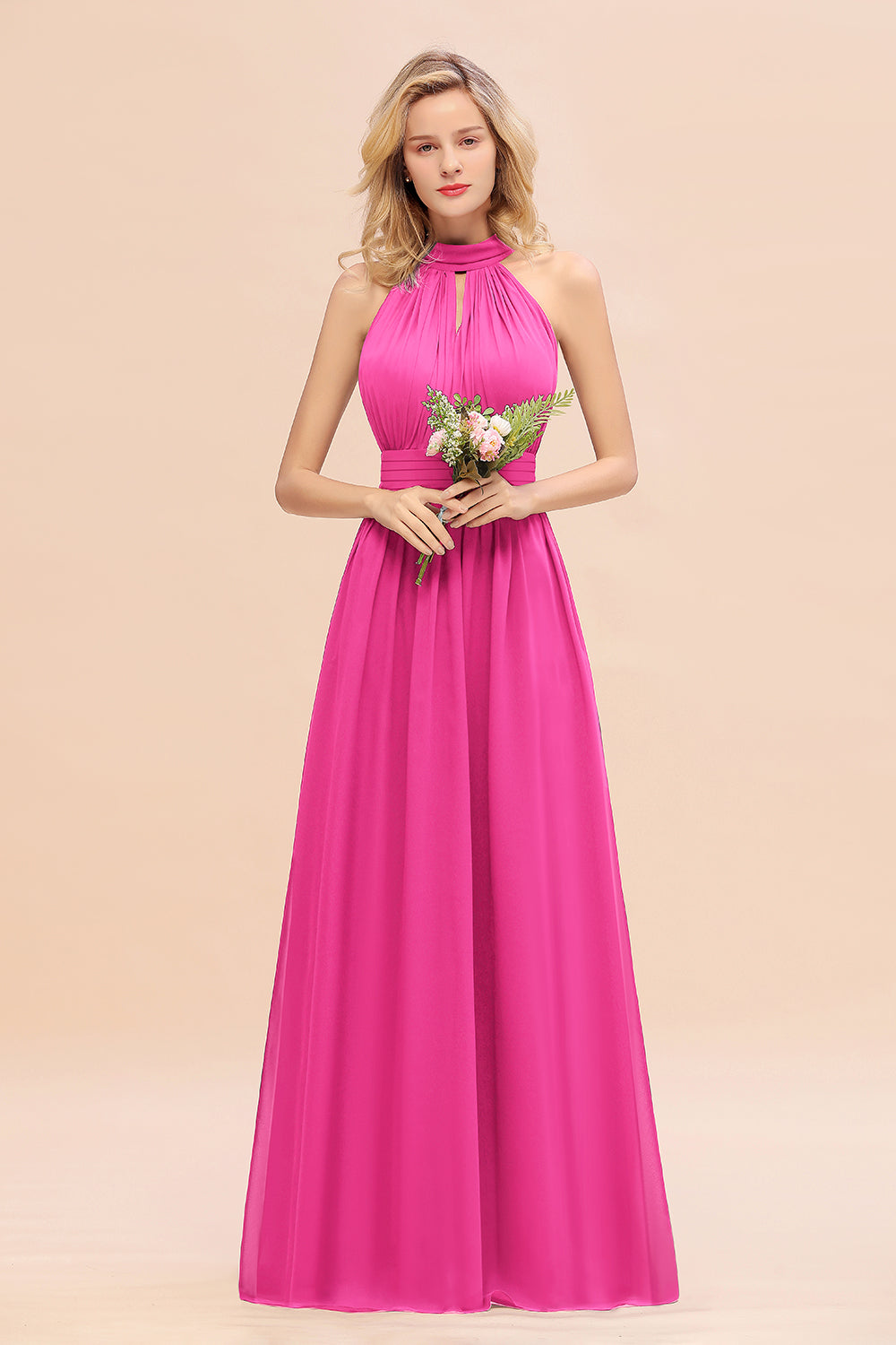 Dusty Sage Long High Neck Chiffon Bridesmaid Dresses with Ruffle