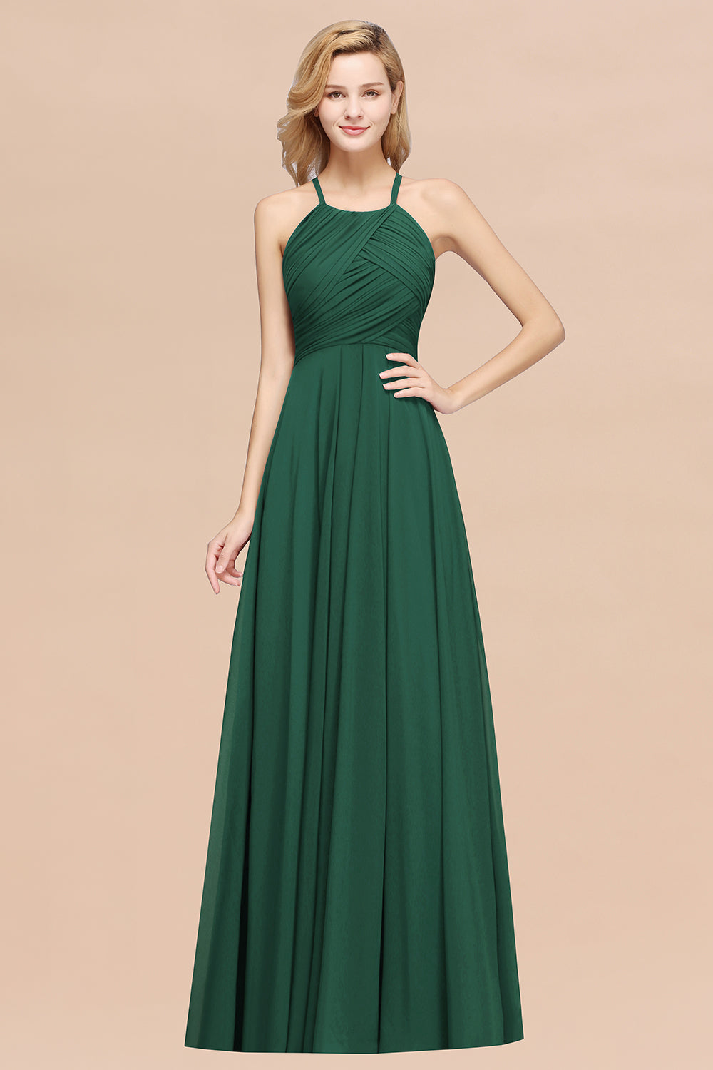 A-Line Chiffon Halter Ruffles Floor Length Bridesmaid Dress
