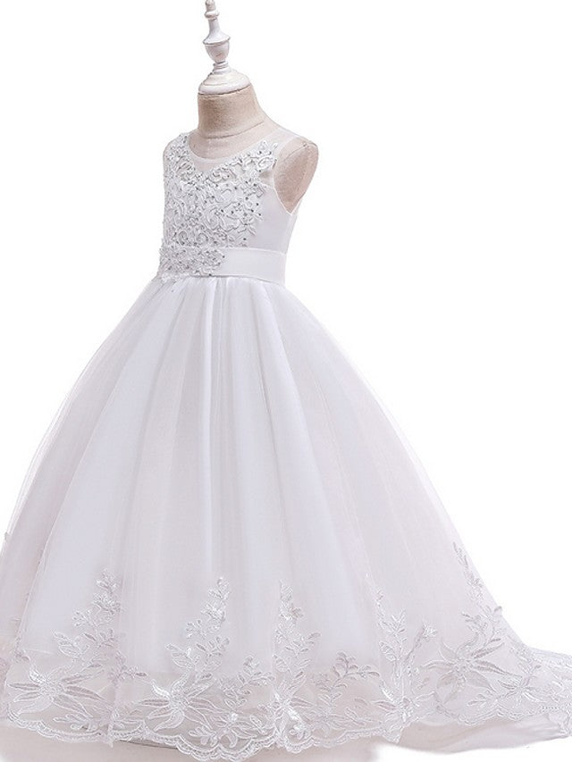 Long Ball Gown Tulle Sleeveless Jewel Neck Wedding Party Flower Girl Dresses With Bow