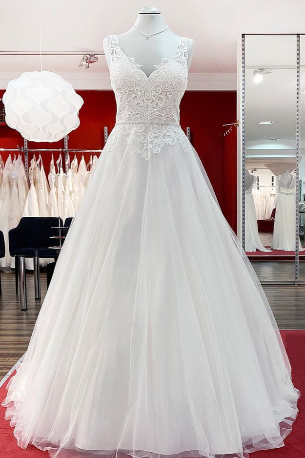 Elegant Long A-line V-neck Tulle Ruffles Floor Length Wedding Dress