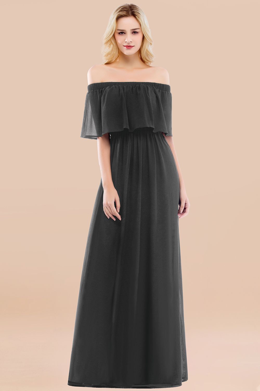 A-line Chiffon Off the Shoulder Short Sleeves Ruffles Floor Length Bridesmaid Dress