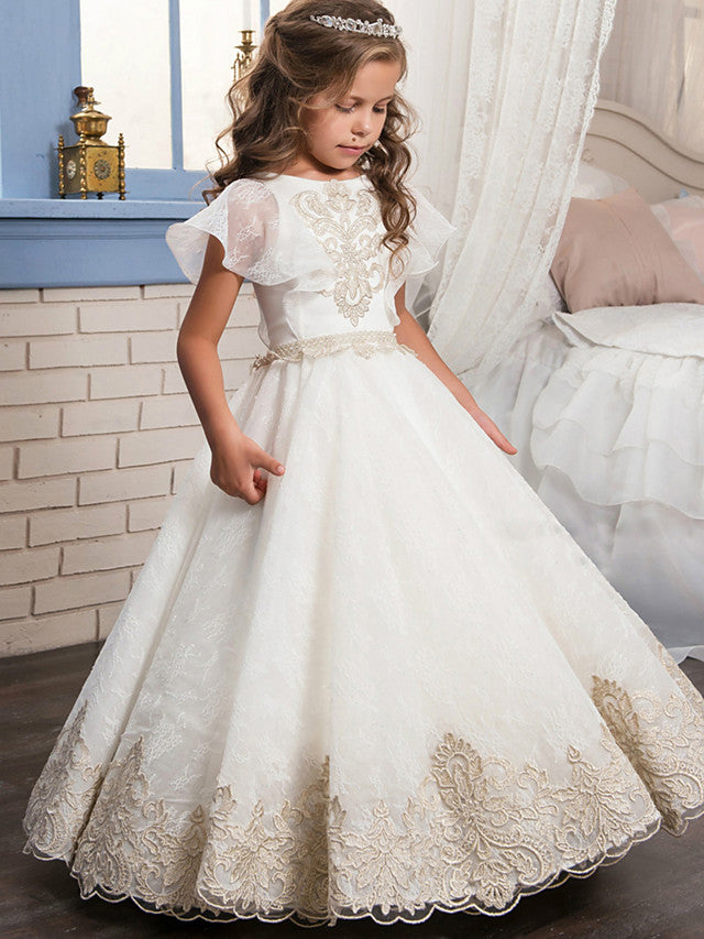 Long Ball Gown Floor Length Tulle Lace Flower Girl Dresses with Sleeves