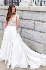 Long A-Line Deep V-neck Appliques Lace Open Back Floor Length Satin Wedding Dress with Pockets