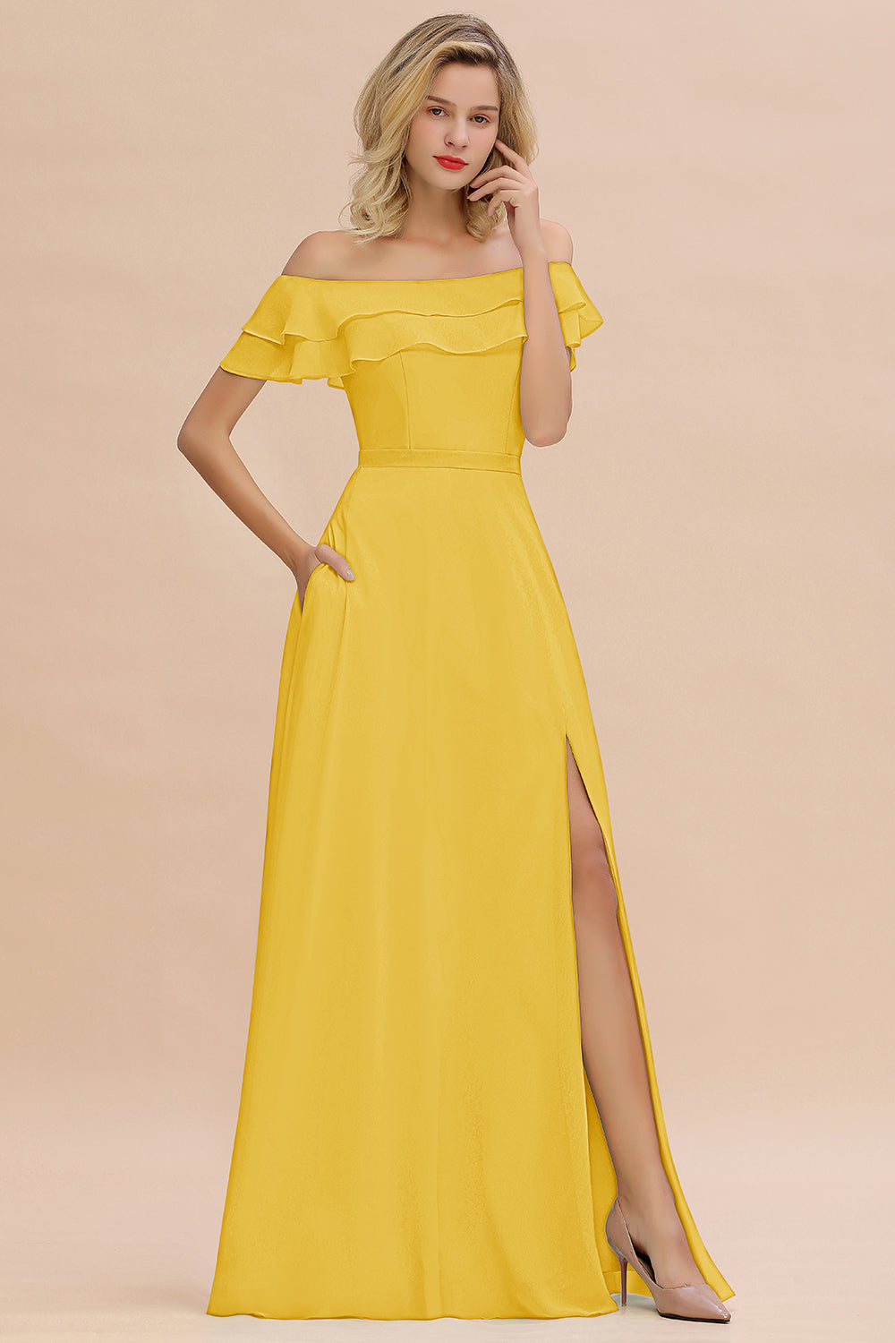 Off the Shoulder Front Slit Mint Green Long Bridesmaid Dress