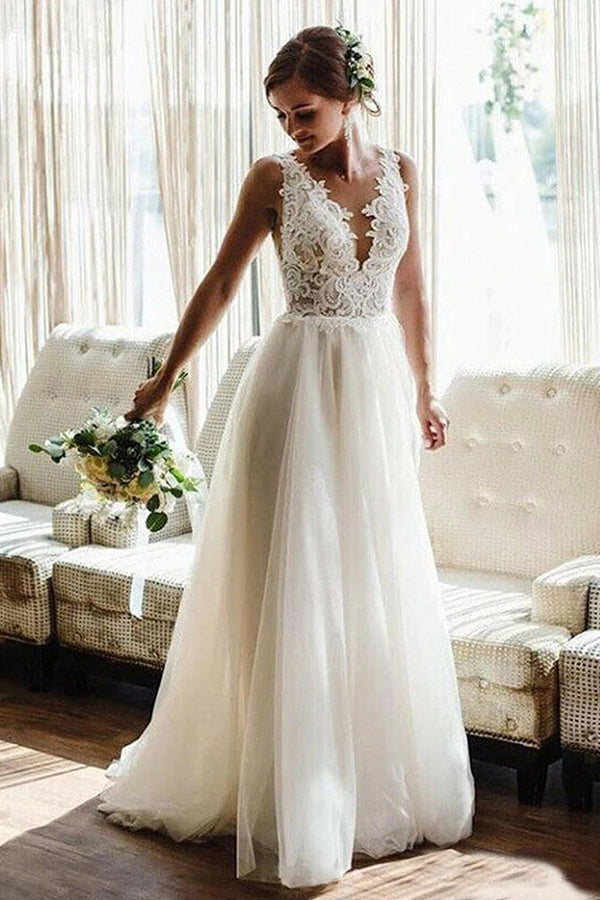Long Straps V-neck Lace Appliques A-line Backless Wedding Dresses
