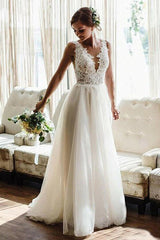Long Straps V-neck Lace Appliques A-line Backless Wedding Dresses