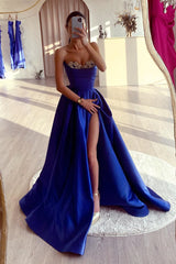 Long Strapless A-Line Sweetheart Satin Prom Dress with Split Front