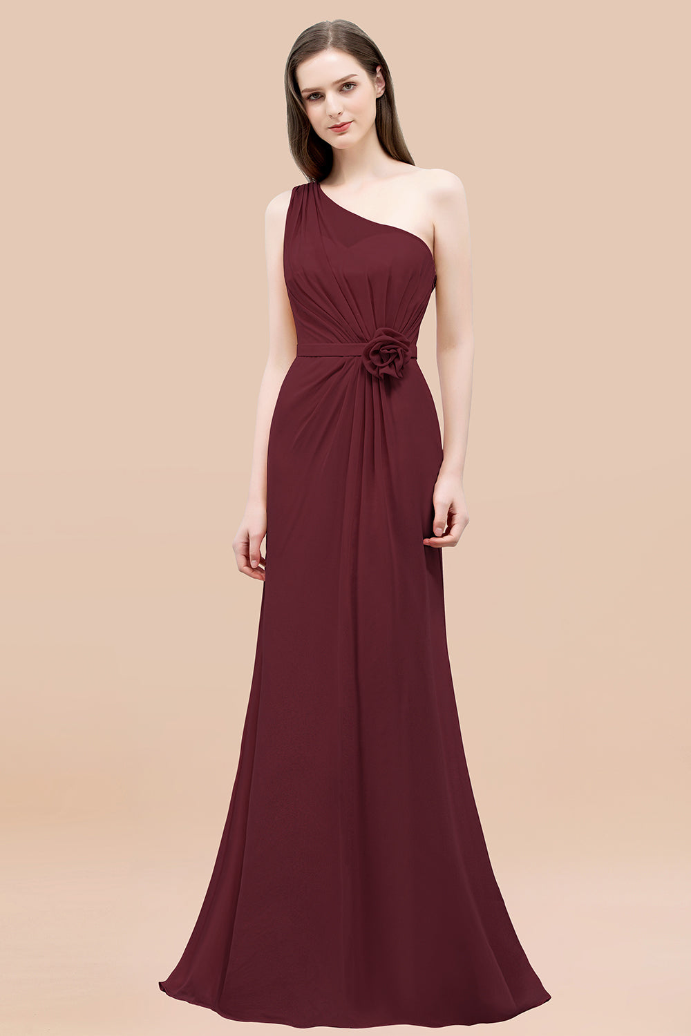 Mermaid Chiffon One Shoulder Sleeveless Ruffled Floor Length Bridesmaid Dresses with Flower