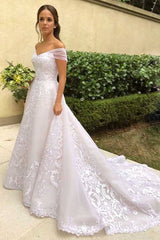 Elegant Long A-line Off the Shoulder Floral Lace Appliques Wedding Dress