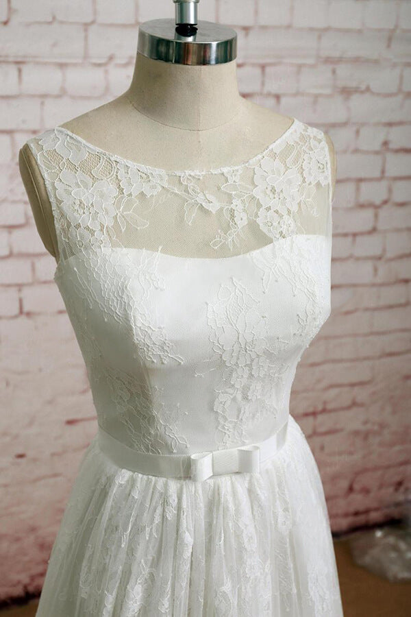 Elegant Long Illusion Lace A-line Tulle Wedding Dress