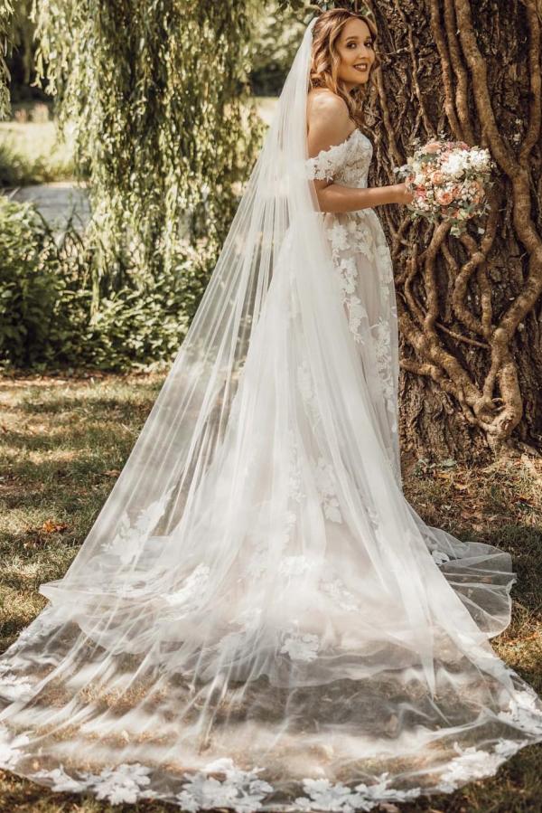 Plus Size Long Off The Shoulder Sweetheart A-Line Tulle Wedding Dress with Appliques Lace
