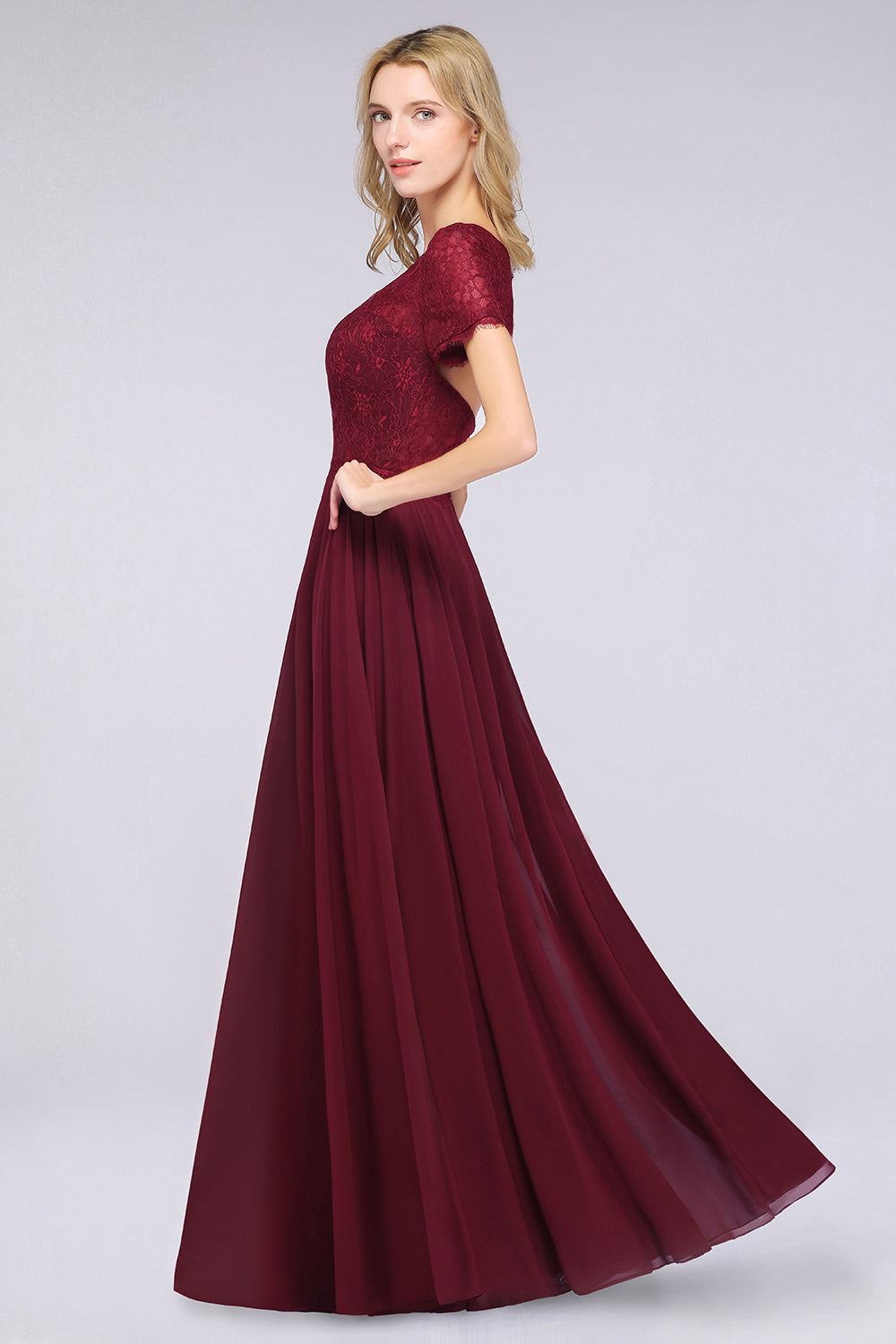 A-Line Chiffon Lace Round-Neck Short Sleeves Floor Length Bridesmaid Dress