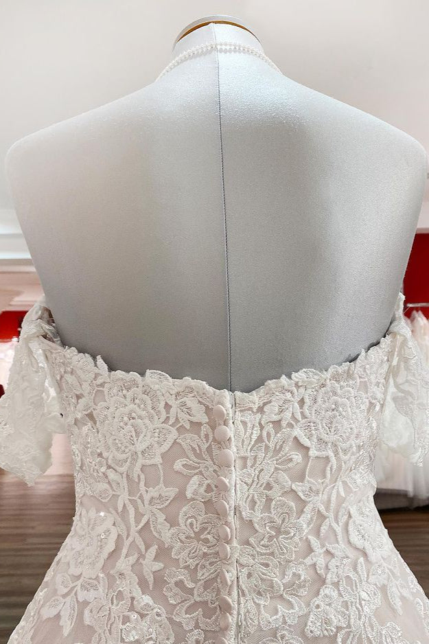 Modest Long A-line Off The Shoulder Tulle Lace Ruffles Princess Wedding Dress