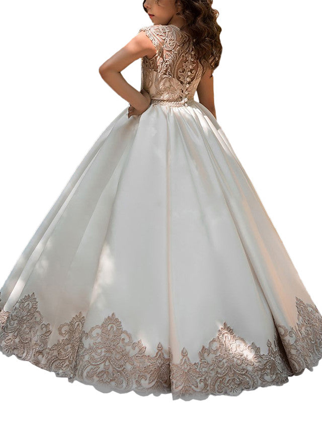 Ball Gown Long Satin Jewel Neck Flower Girl Dresses with Cap Sleeve