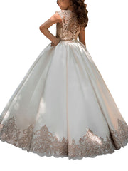 Ball Gown Long Satin Jewel Neck Flower Girl Dresses with Cap Sleeve