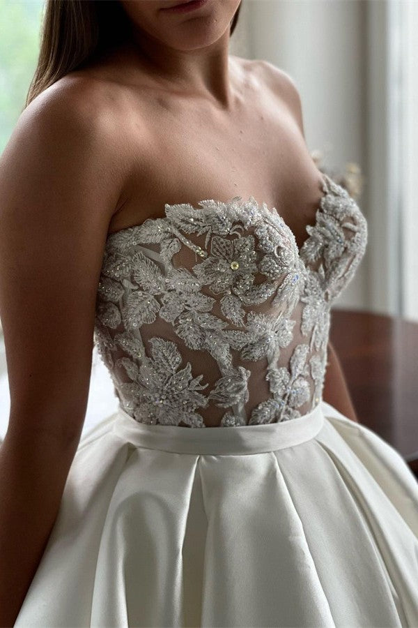 Beautiful Long A-line Sweetheart Satin Lace Wedding Dress