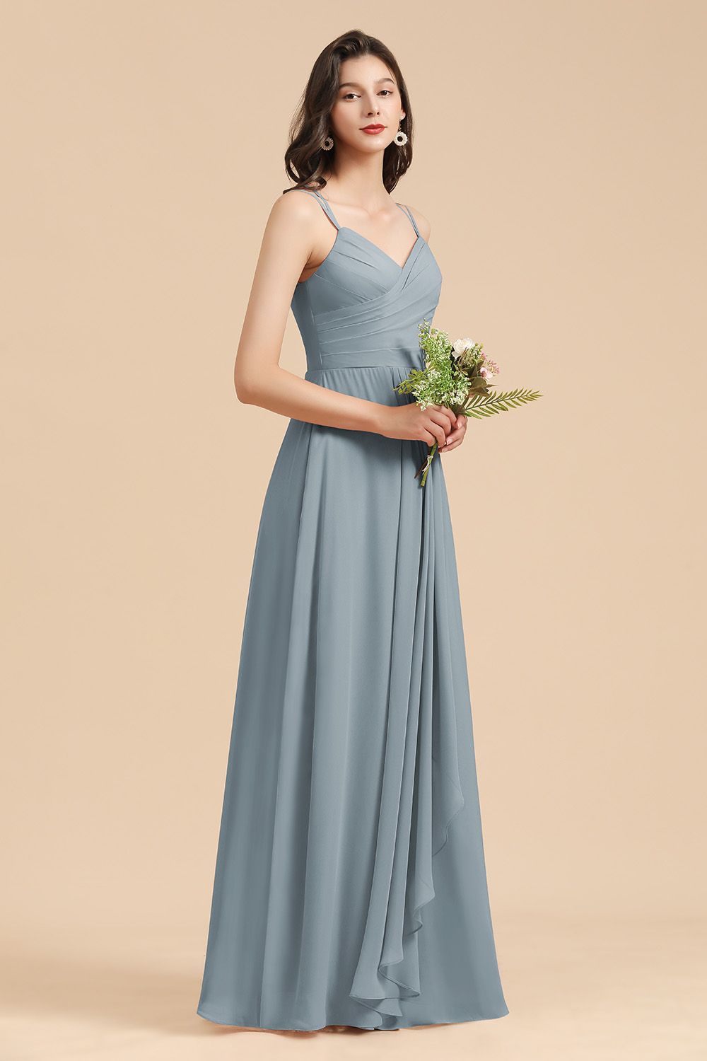 Long A-line V-Neck Chiffon Dusty Blue Wedding Guest Dress