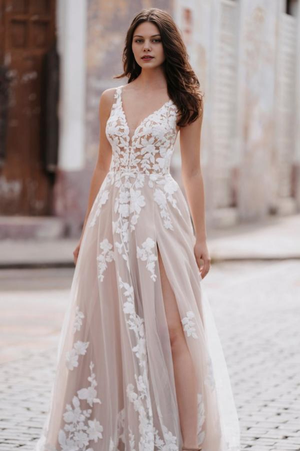 V-Neck A-line Backless Long Tulle Appliques Lace Wedding Dress with Slit