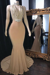 Long Halter Mermaid Neck Sleeveless Prom Dresses