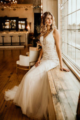 Elegant Long Mermaid V-neck Straps Tulle Lace Wedding Dress with Ruffles