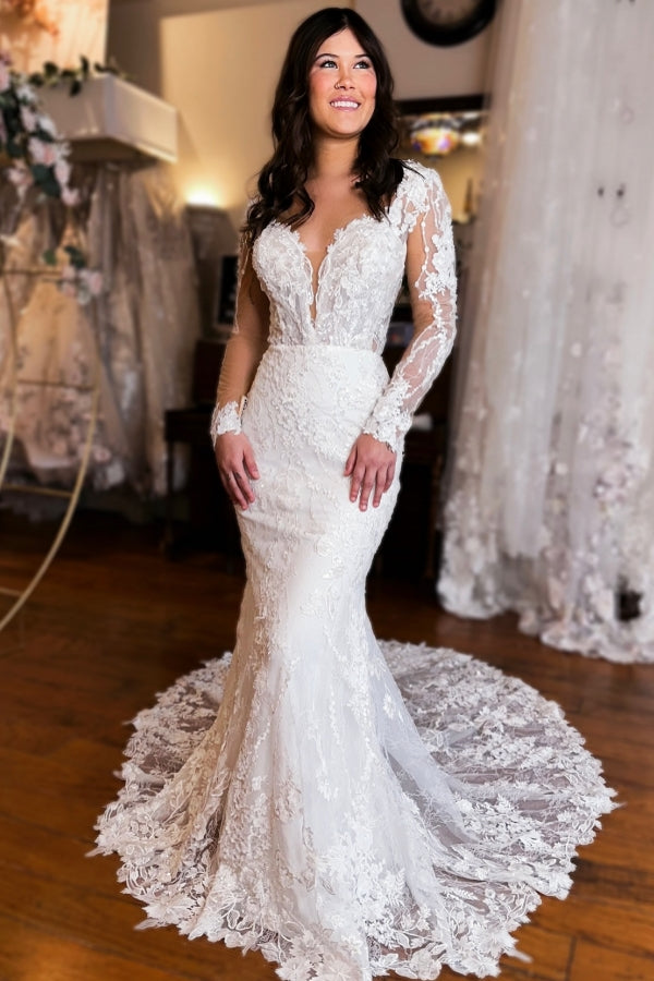 Long Sleeves Sweetheart Lace Mermaid Floor Length Wedding Dress