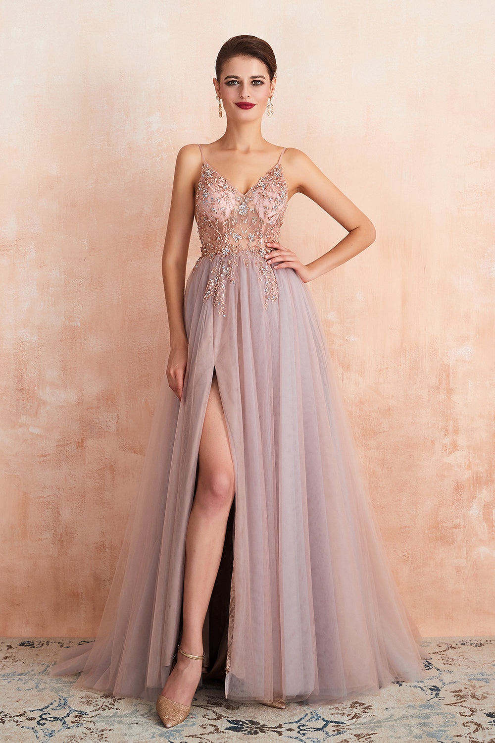 Long V-neck Tulle Beaded A-line Prom Dress with Slit