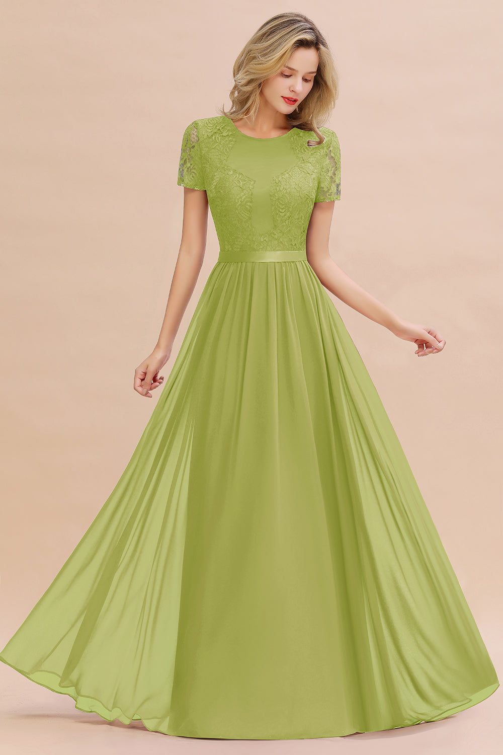 Chiffon Lace Scoop Short Sleeve Bridesmaid Dress