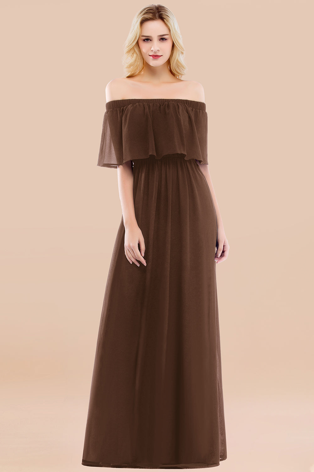 A-line Chiffon Off the Shoulder Short Sleeves Ruffles Floor Length Bridesmaid Dress
