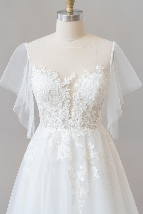 Long Sweetheart Appliques Lace Tulle A-line Chapel Train Wedding Dress