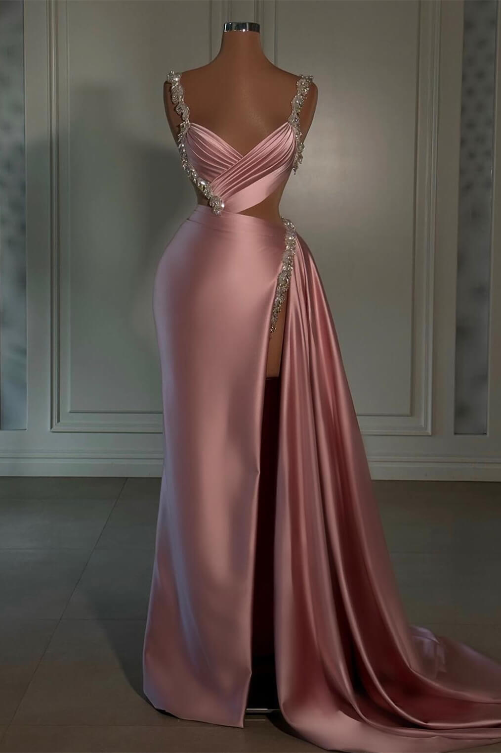 Long Spaghetti Straps V-Neck Mermaid Prom Dress with Slit