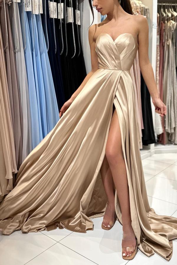 Simple Long A-line Sweetheart Satin Formal Prom Dress with Slit