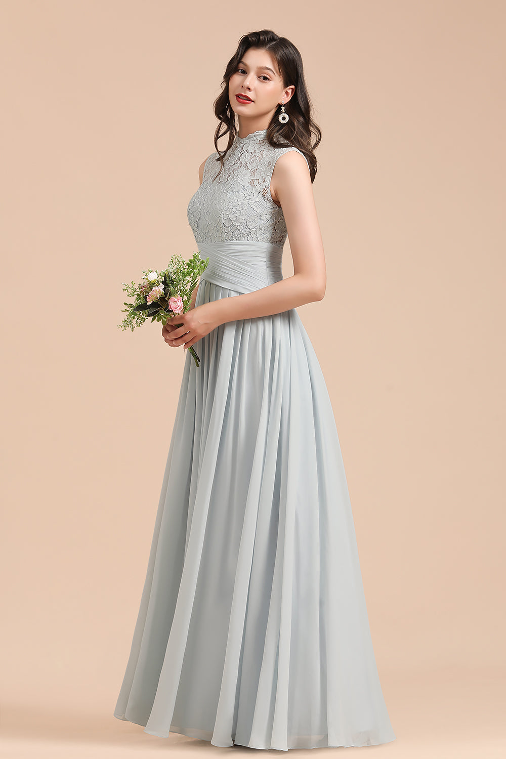 Long A-line High Neck Lace Sleeveless Chiffon Bridesmaid Dress