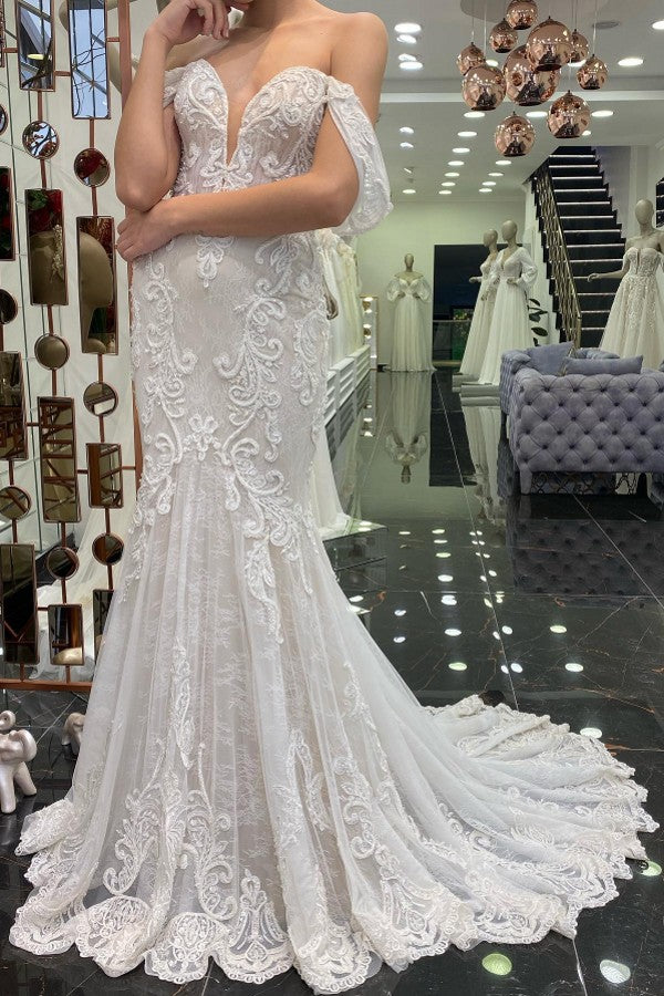 Gorgeous Long Mermaid Off the Shoulder Tulle Lace Wedding Dress