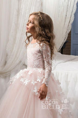 White Scoop Neck Long Sleeves Ball Gown Tulle Lace Flower Girl Dress
