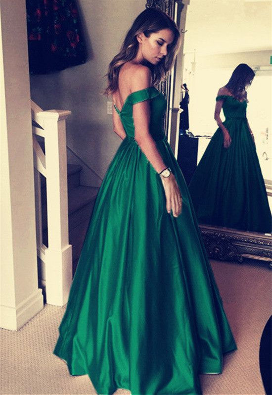 Elegant Long A-line Off the Shoulder Satin Prom Dress with Pockets