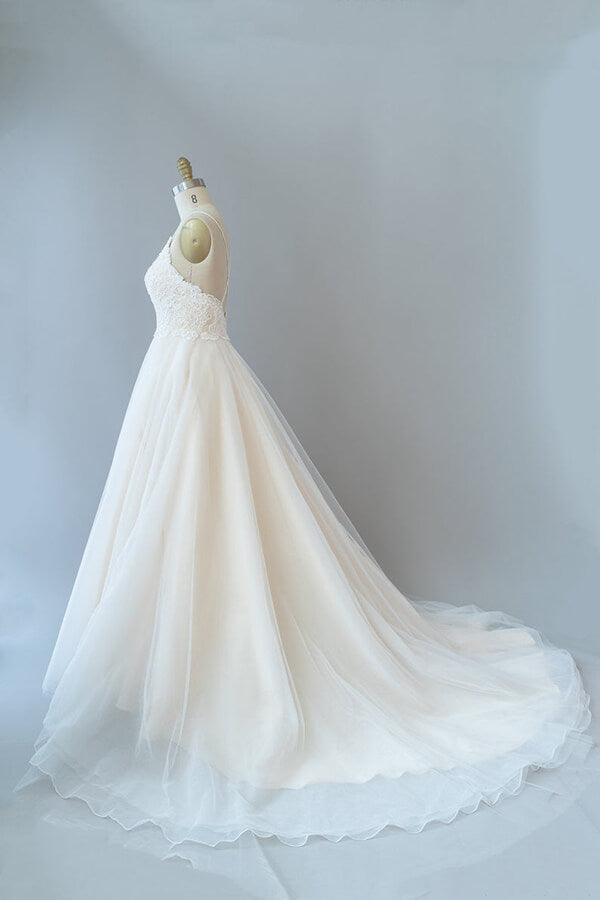 Long Sweetheart Spaghetti Strap Lace Tulle A-line Wedding Dress