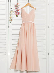 A-Line V Neck Chiffon Long Junior Bridesmaid Dress