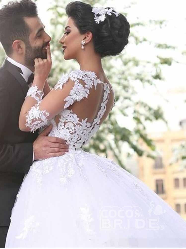 Long Tulle Lace Ball Gown Wedding Dresses with Long Sleeves