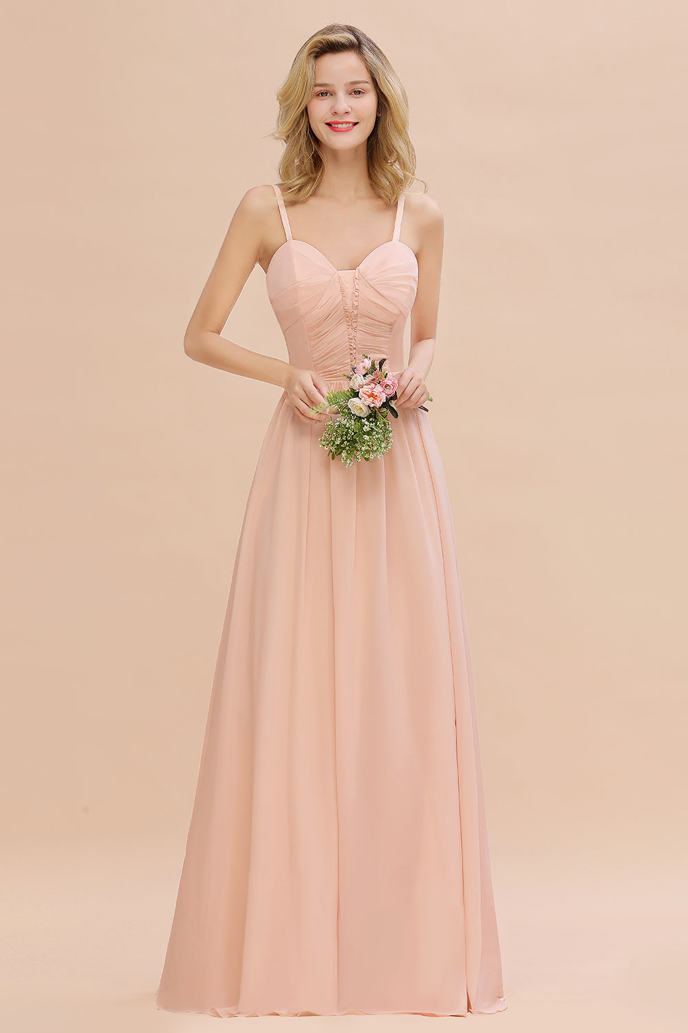 Simple Chiffon Straps Beadings Long Bridesmaid Dress