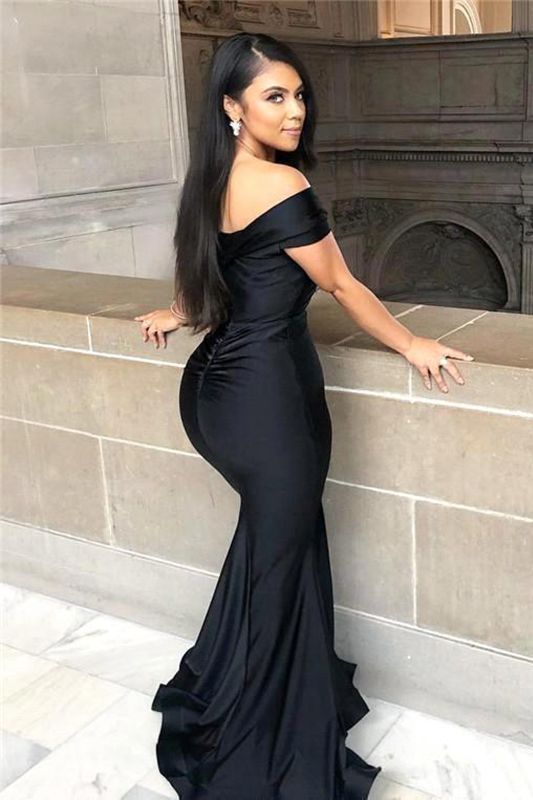 Black Long Off the Shoulder Floor Length Backless Mermaid Prom Dress