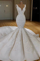 Elegant V-neck Strap Mermaid Lace Long Train Wedding Dresses