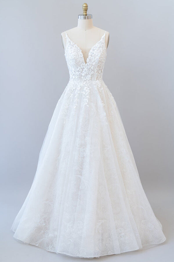 Long V-neck Open Back Appliques Lace Tulle A-line Wedding Dress