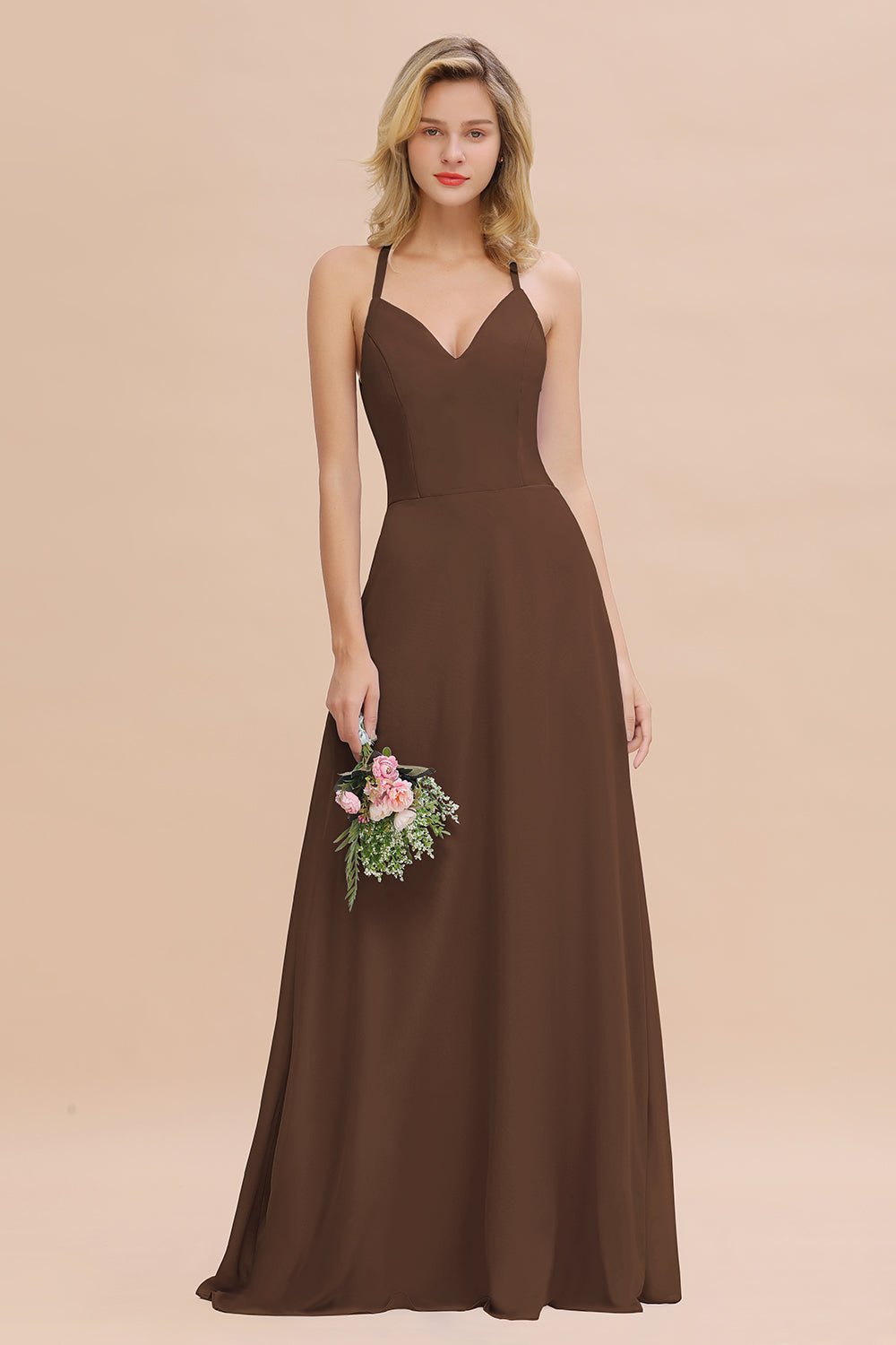 Stylish Chiffon Spaghetti Straps Sleeveless Long Bridesmaid Dress
