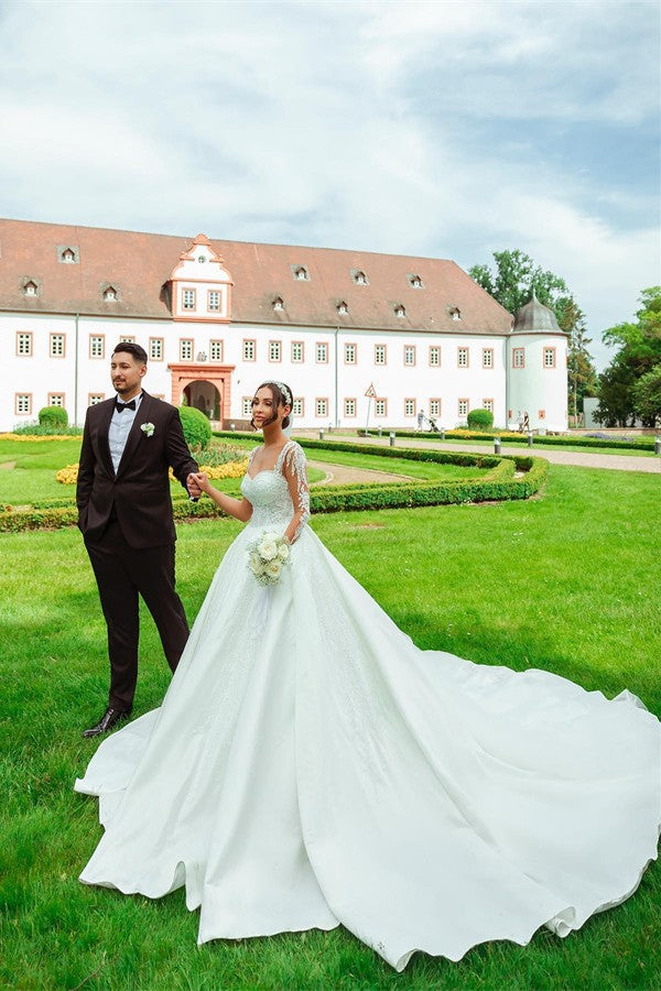 Elegant Garden A-line Sweetheart Long Sleeves Chapel Train Satin Wedding Dress