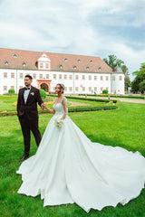 Elegant Garden A-line Sweetheart Long Sleeves Chapel Train Satin Wedding Dress