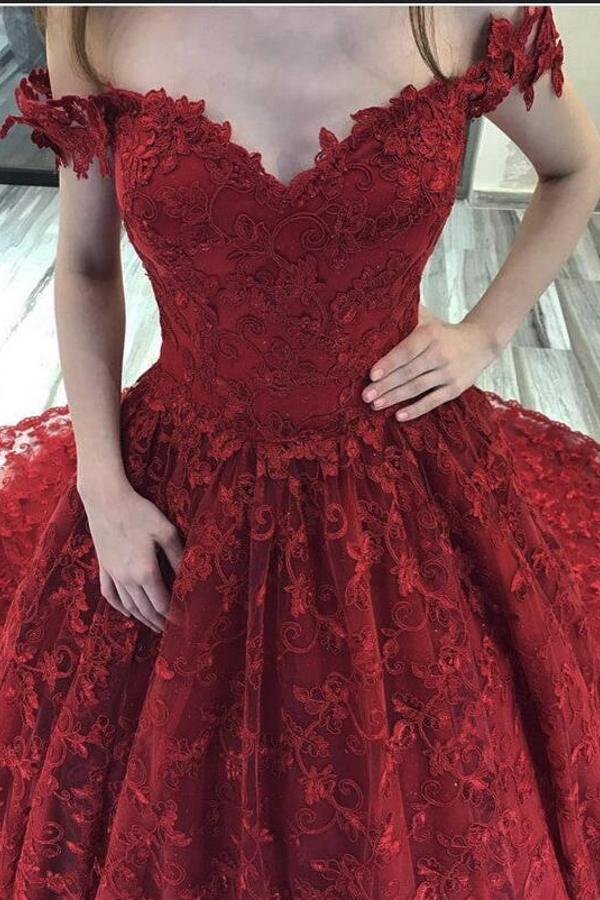 Burgundy Long A-line Off the Shoulder Lace Wedding Dresses